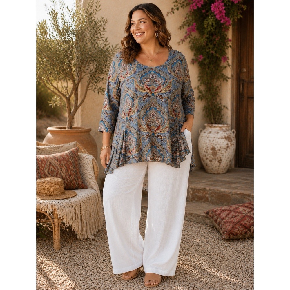 NorthStyle 3X Paisley Tunic Top Boho Flowy Pleated Hem Blue Stretch RR35